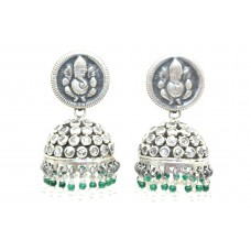 Temple Jhumki Earrings Handmade 925 Sterling Silver Ganesha Zircon & Pearl Stone